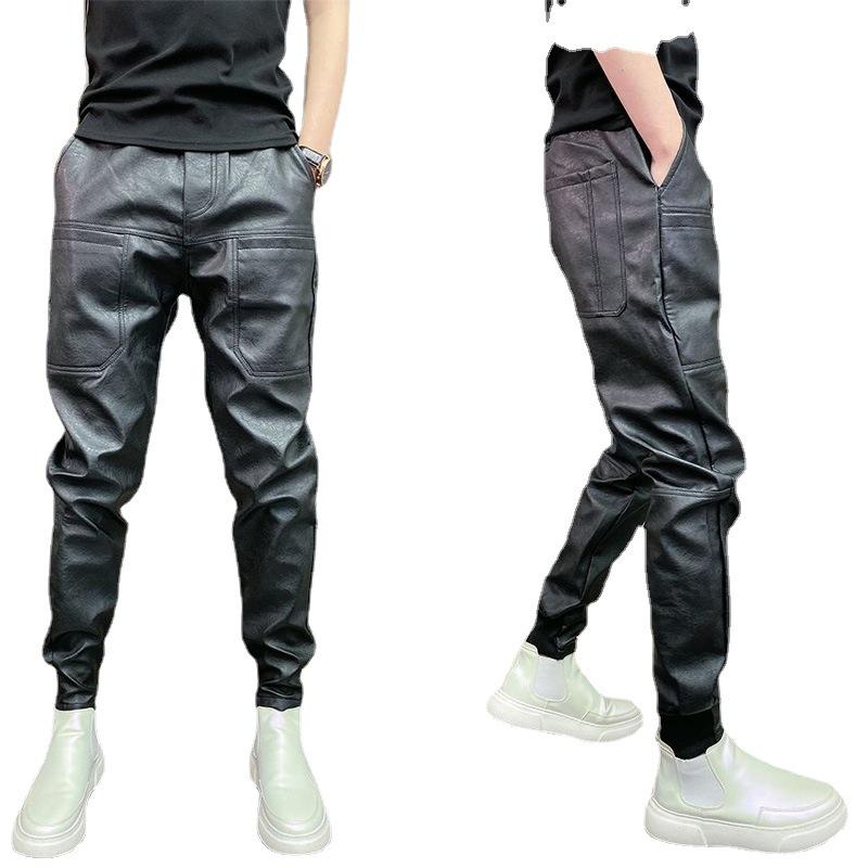 Men's Windproof & Waterproof PU Leather Pants - Trendy Korean Style, Six-Pocket, Cuffed, Solid Color Casual Trousers for Autumn & Winter.