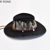 Retro Feather Western Cowboy Hats for Men Women Faux Suede Wide Brim Cowgirls Jazz Cap Outdoor Travel Sun Hat