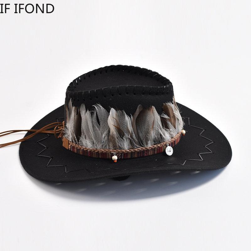 Retro Feather Western Cowboy Hats for Men Women Faux Suede Wide Brim Cowgirls Jazz Cap Outdoor Travel Sun Hat