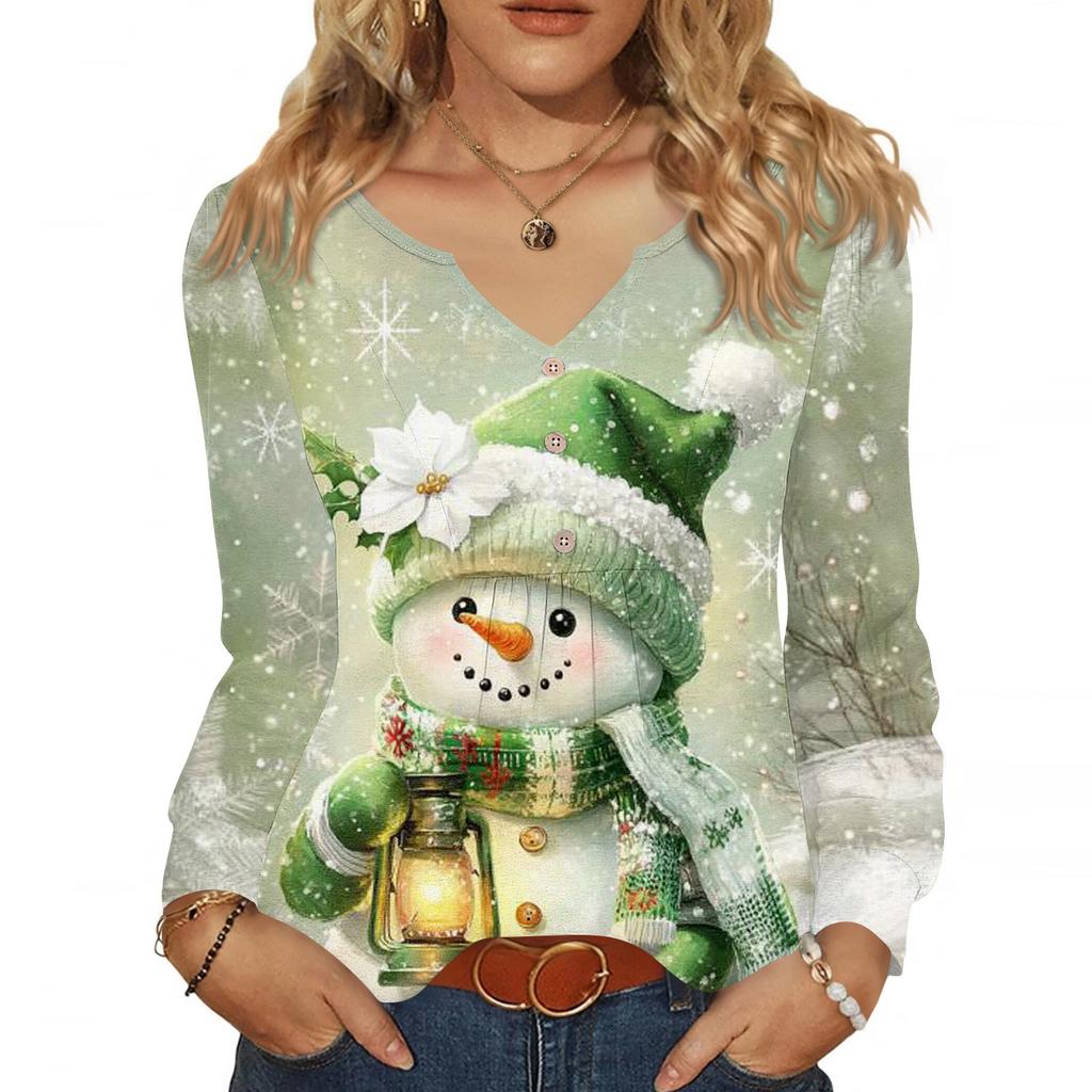 Dámská módní ležérní halenka s výstřihem do V, knoflíky, vánoční potisk, s dlouhým rukávem, pulovr, tričko, top