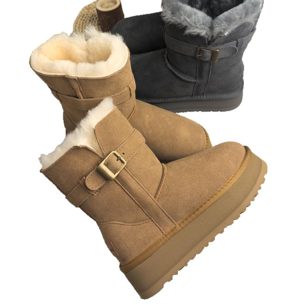 Scarpe con plateau integrate in pelle di pecora e pelliccia stivali da neve da donna stivali alti da cavaliere a tubo medio scarpe da donna alla moda e comode cotone s