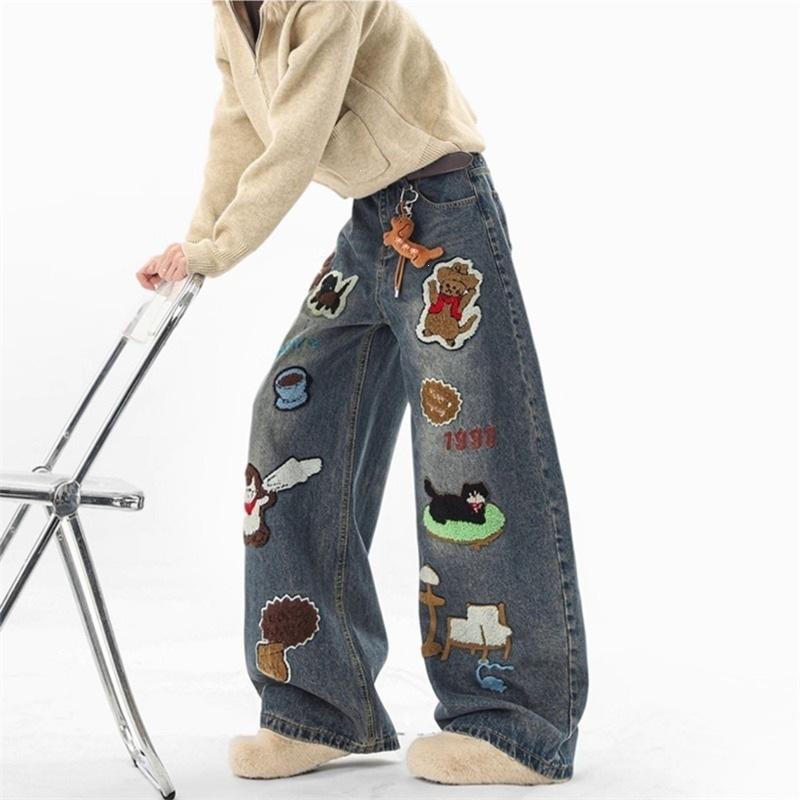 Summer Trendy Brand American Cartoon Towel Embroidered Jeans Men's Design Wide-leg Pants Loose and Versatile Floor-mopping Trousers