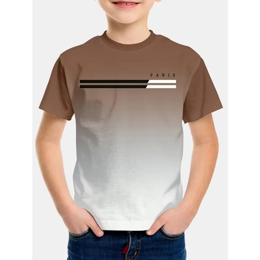 Boys' T-Shirt Simple Paris Letter Print Summer Short Sleeve Tees Loose Fashion Round Neck Tops Stripe Streetwear Kids Clothing