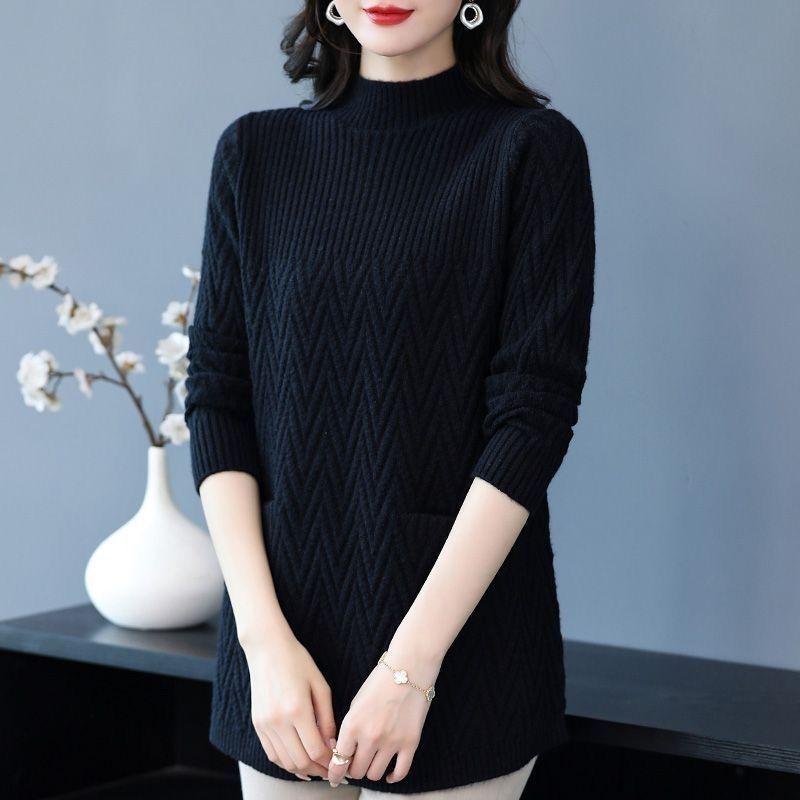 Loose Mid-length Sweater Women's Autumn and Winter Plus-size Casual Pullover Round-neck Solid-color Knitted Sweater