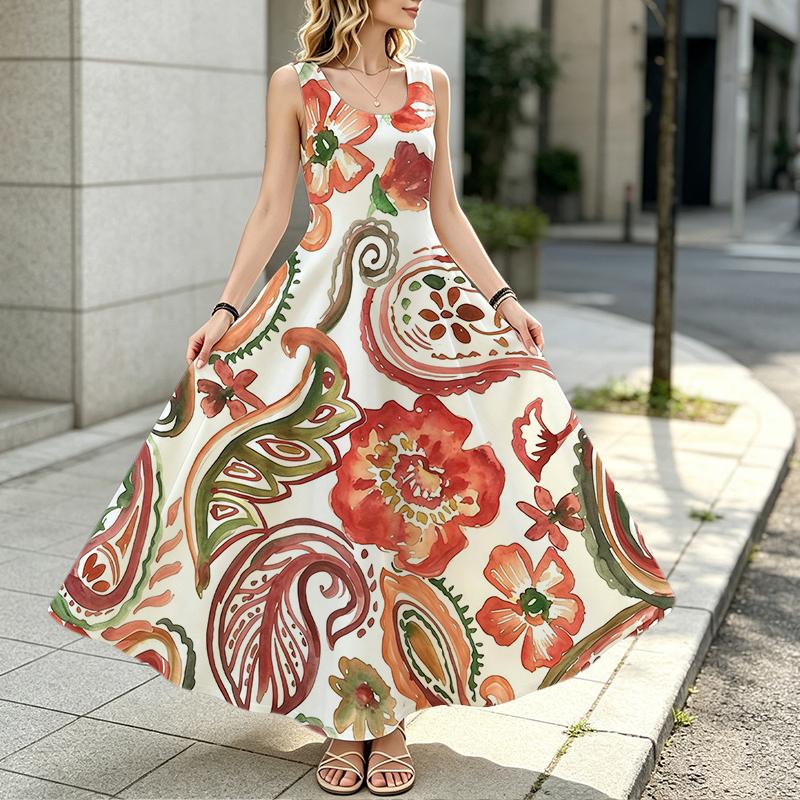 Vacation Style Sleeveless Maxi Dress Lightweight Floral Print Flowy Dress,Versatile for Casual Daily Wear