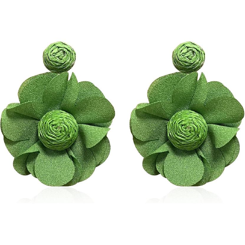 Rattan Earrings Summer Boho Handwoven Big Fabric Chiffon Rattan Flower Drop Earrings Statement Tropical Beach Vacation Jewelry