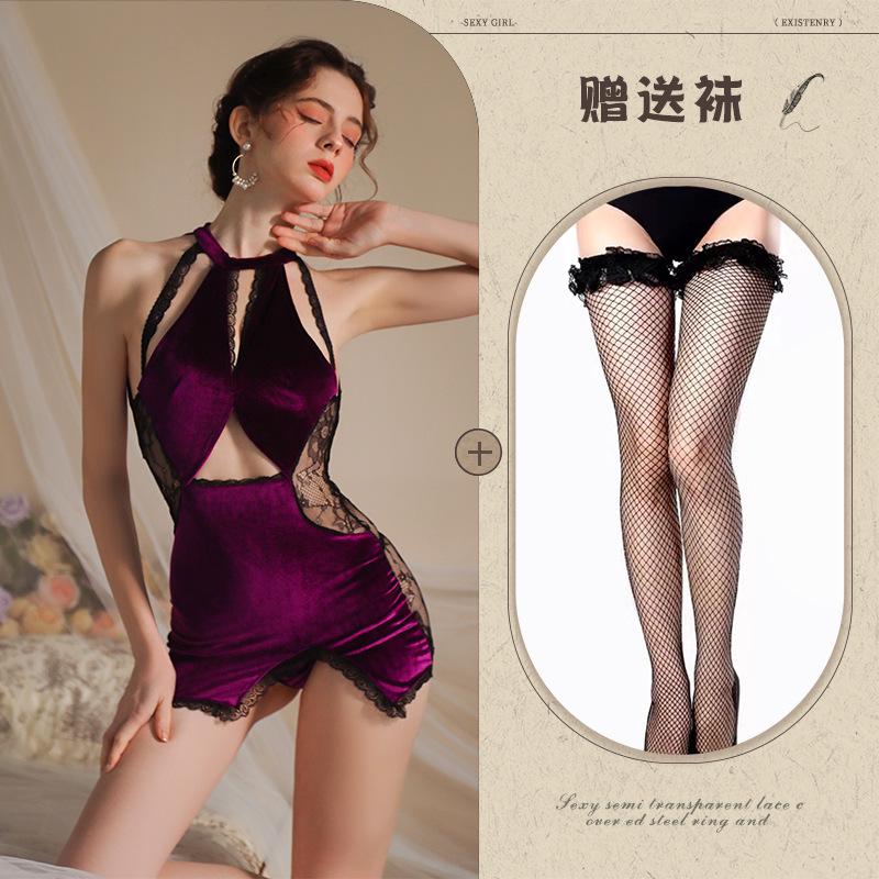 Sexy underwear pure lace splicing velvet temperament thin purple charm neck classical cheongsam