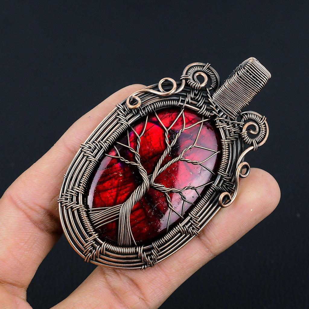 Tree Of Life Red Flash Labradorite Pendant, 999 Copper Wire Wrapped Jewelry, Gemstone Jewelry Pendant, Handmade Wedding Gift Jewelry