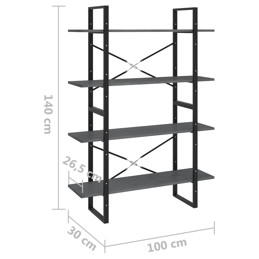 Bookshelf 4 Shelves Grey 100 x 30 x 140 cm Solid Pine Wood
