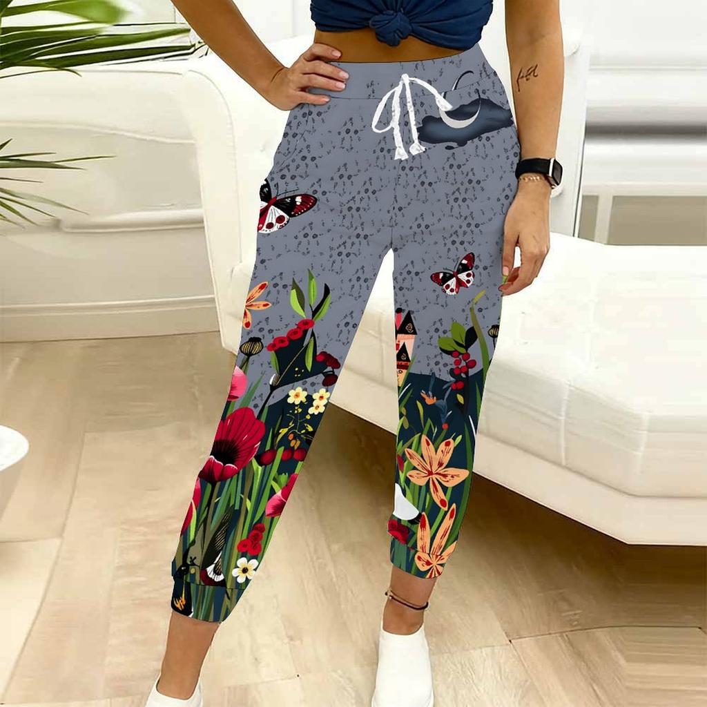 Sommer Damen Blumenmuster Print Schweißhose Lockerer Schnitt Kordelzug Jogginghose Elastischer Bund Tägliche Lässige Hose
