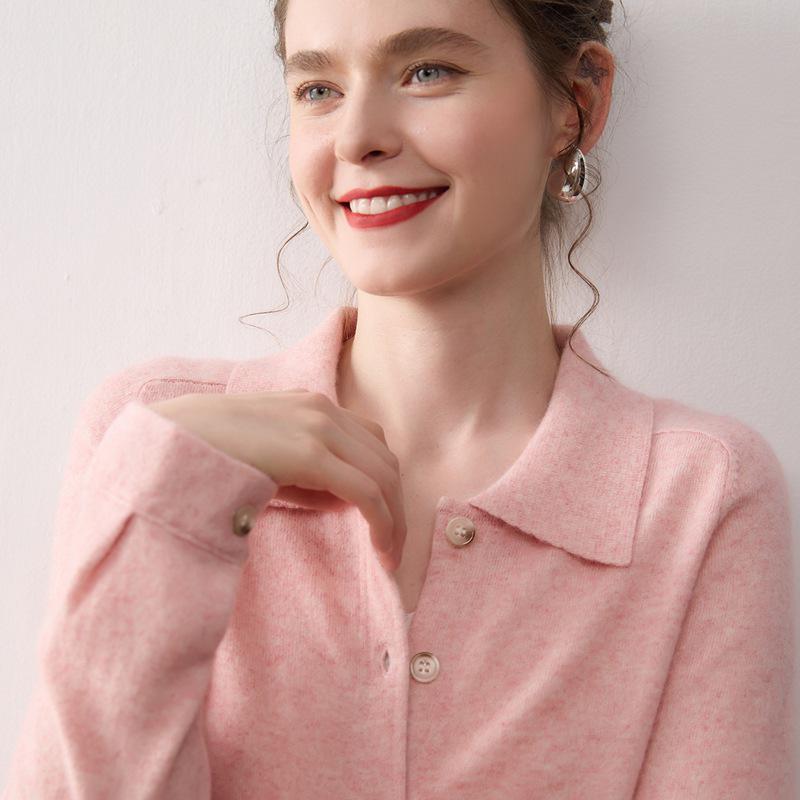 Women's Cashmere POLO Collar Cardigan - Elegant Solid Color Knit Outerwear for Autumn/Winter
