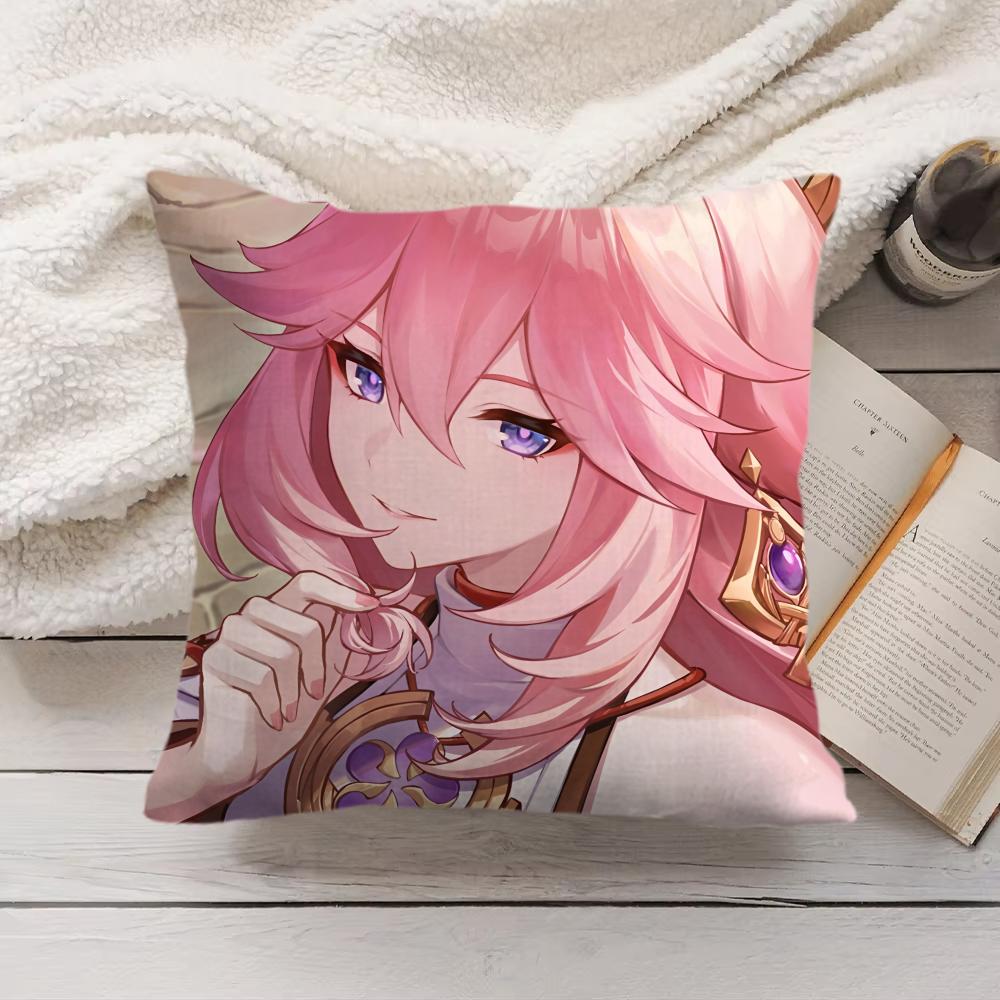 Yae Miko Genshin Impact Cushion Cover Silky Short Plush Invisible Zipper Dustproof Sofa Pillow Case For Home Decor
