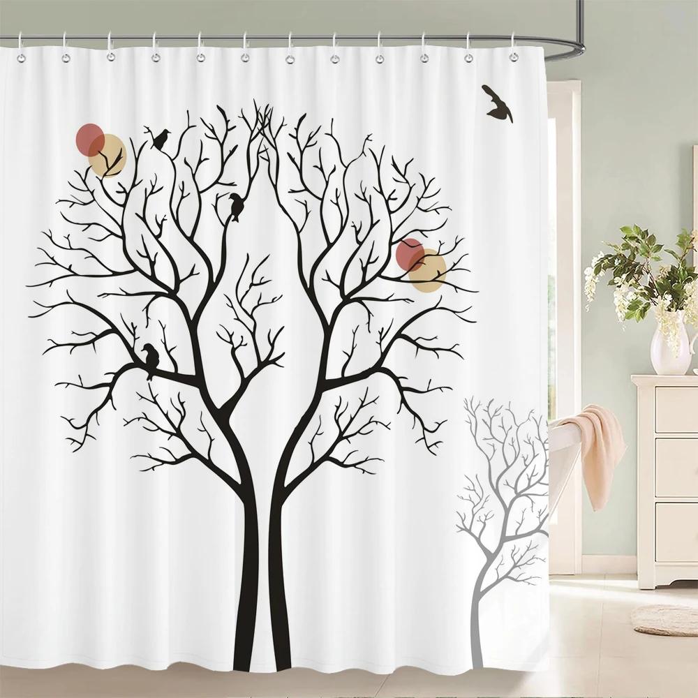 Black And White Printing Leaves Plant Shower Curtain, Simple Art Tree Texture Fabric Waterproof Bathroom Curthroom Decor Curtain