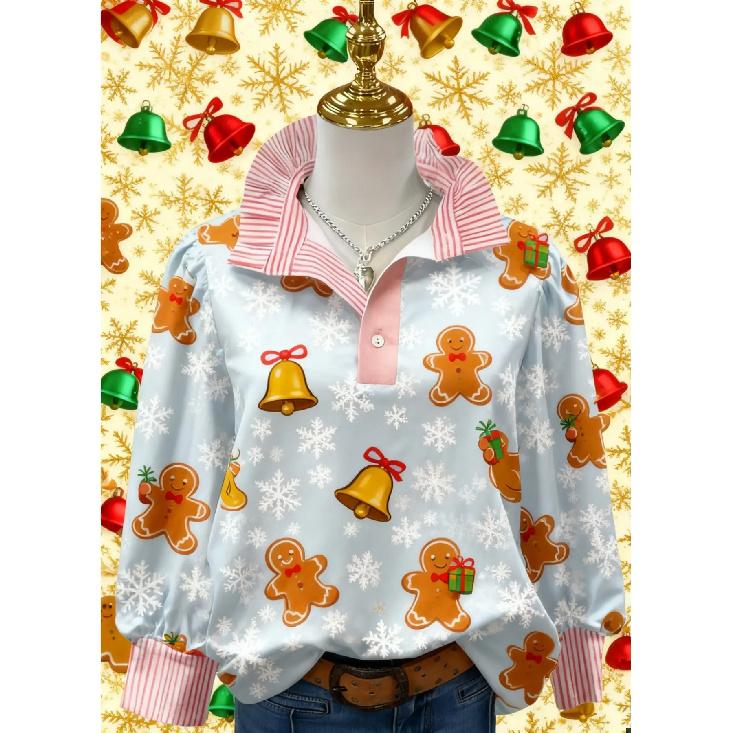 Women's Retro Christmas Pattern Blouse - Turn-Down Collar Long Sleeve, Loose Casual Silhouette, Festive Gift Tree Print Top Suitable for Fall/Winter