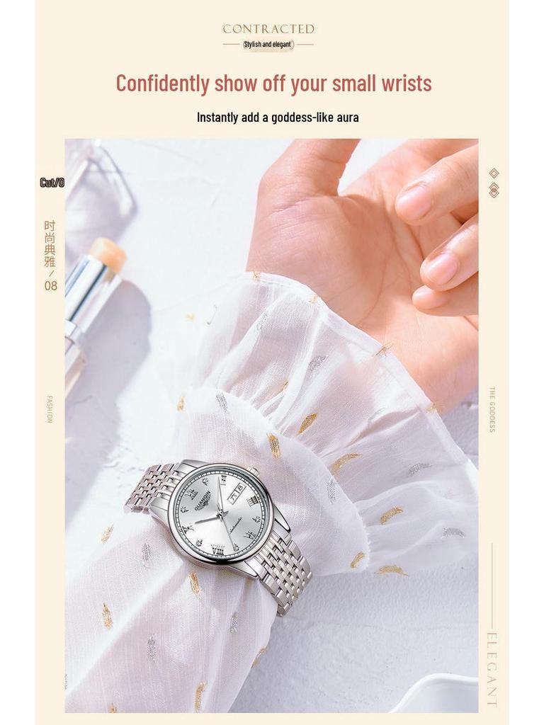 Montre Minimaliste pour Femme avec Strass Suisses, Étanche, Double Calendrier, Cadran Lumineux et Bracelet en Acier.