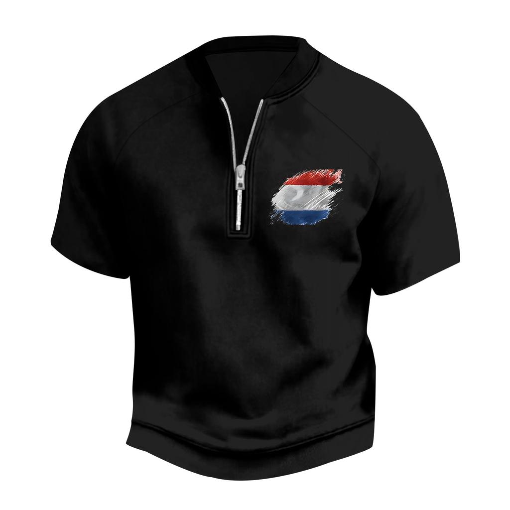 Pánské letní vintage tričko na poloviční zip s potiskem vlajky Dne nezávislosti a krátkým rukávem