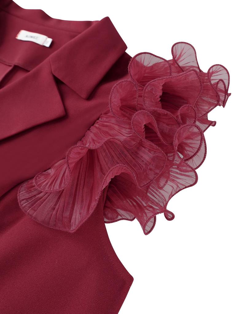 Curvy Women's Wine Red Ruffle Sleeve Suit: Waist-Cinched Slimming Pleated Wide-Leg Pants Set