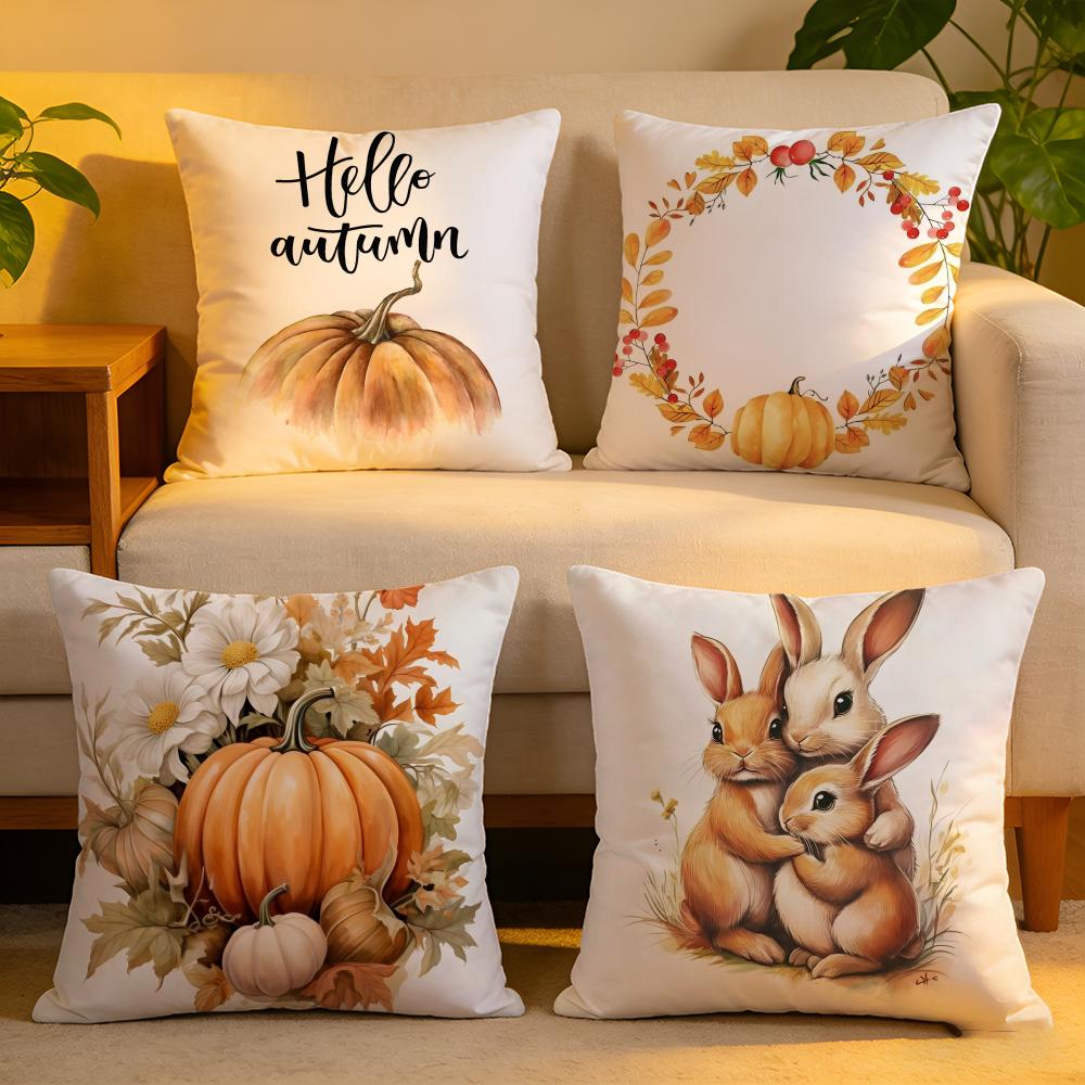 Cushion Cover Linen SkinFriendly Soft Decorative Case for Sofa Home Decor Fall pumpkin Bunny orange design Pillow cover