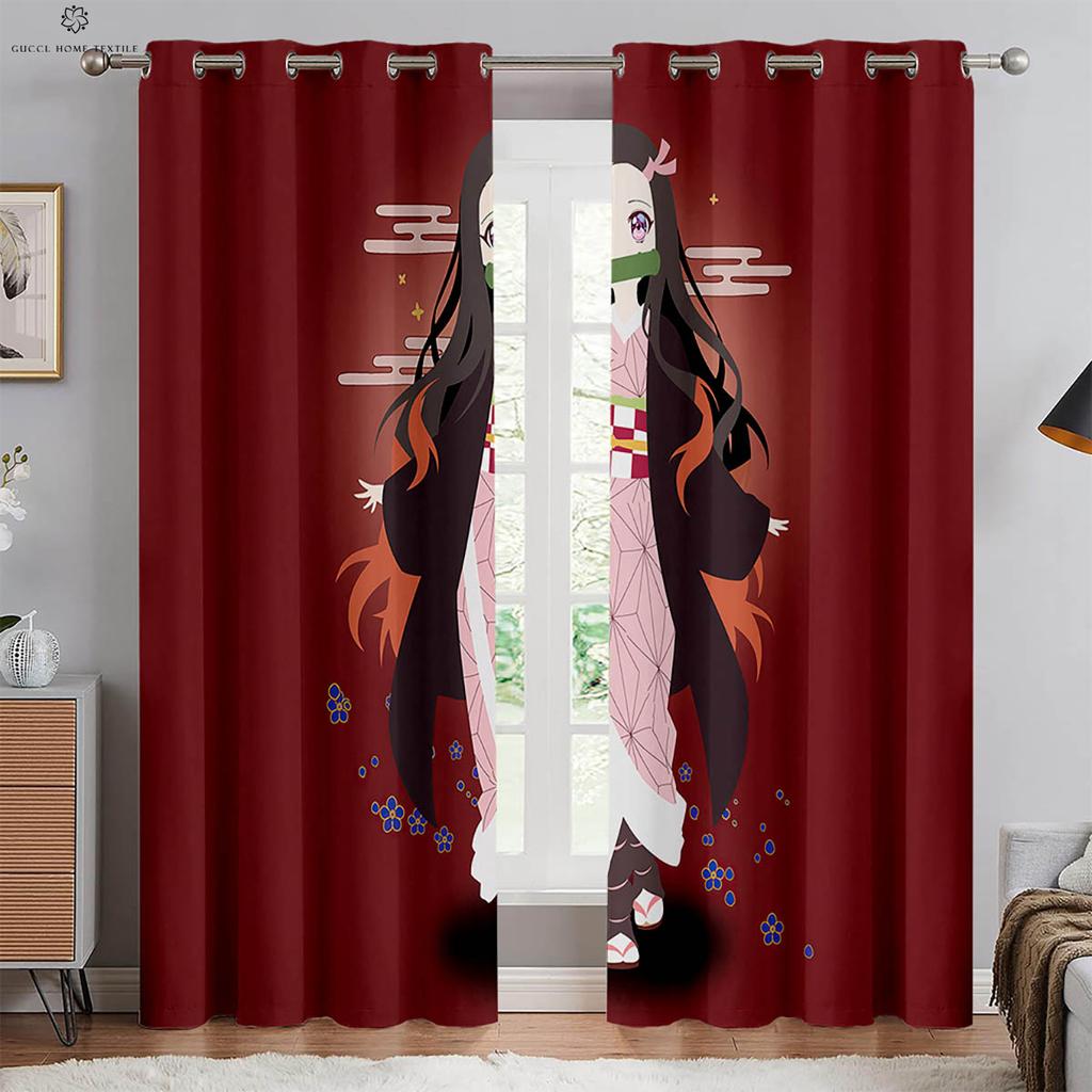 Japanese Anime Print Curtains for Kids Room, Bedroom, Living Room, Kitchen Decorative Curtains, Home Decoration, 2 PCs