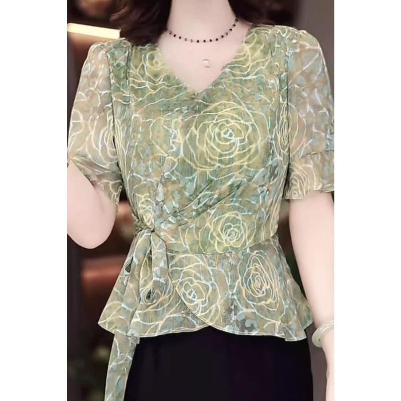Summer New Chiffon T-shirt for Women, Fashionable Temperament, Versatile and Age-reducing Loose Top for Women