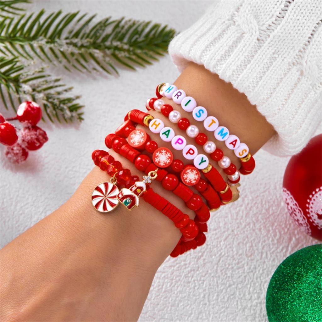 Christmas Snowflake Candy Snowman Reindeer Santa Claus Bell Soft Clay Crystal Rice Bead Multi-Layer Bracelet For Women Men Gift