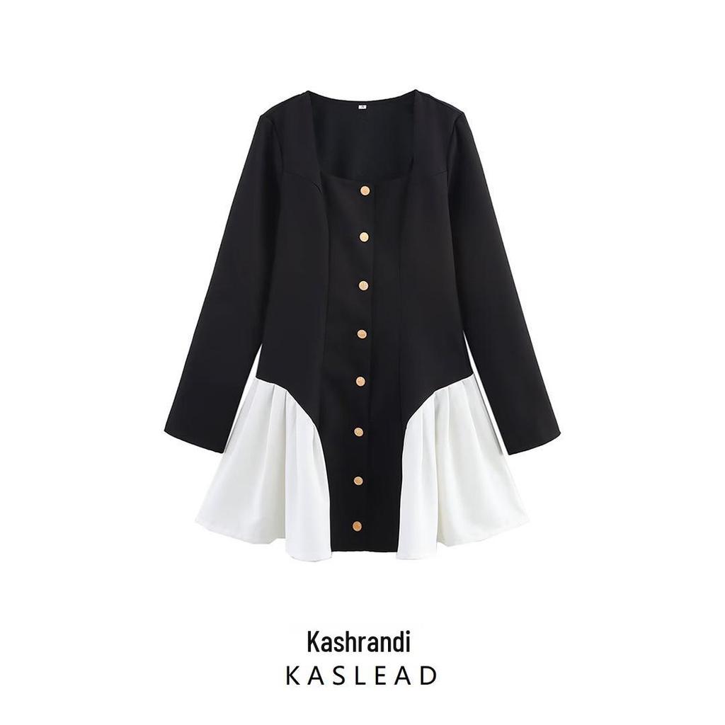 2025 Spring Women's European & American Color Block Ruffle Hem Long Sleeve Dress