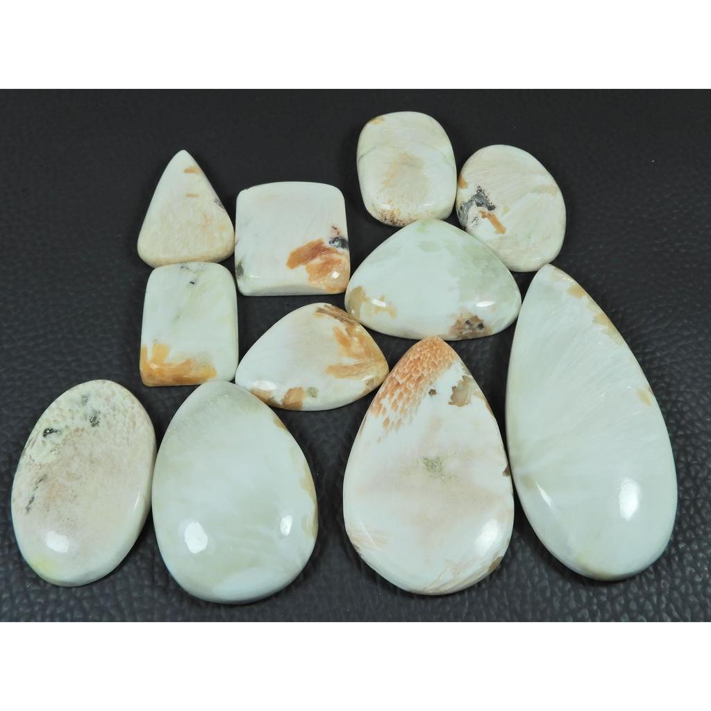 445Cts. Natural White Scolecite Mix Shape Cabochon Loose Gemstone 11Pcs Lot C-3816