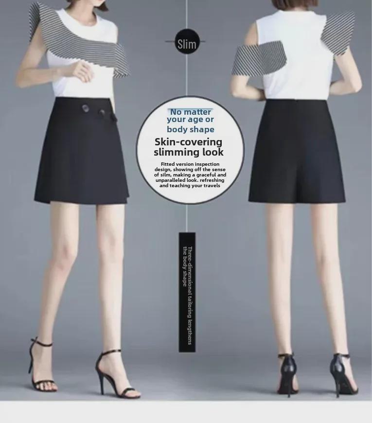 Women's High Waist Black Suit Shorts: Korean Style 2024 Spring/Autumn, Slim A-Line, Versatile, Loose Fit, Wide Leg.