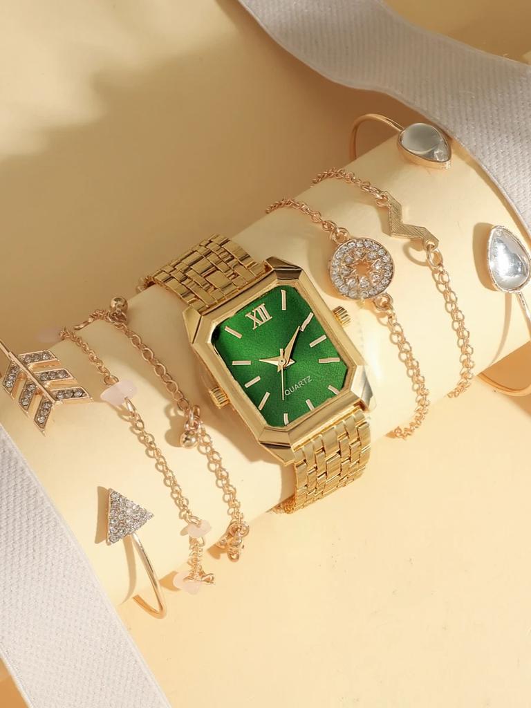 Fashionable simple versatile steel band square dial women's quartz watch bracelet set of 7, suitable for Christmas and Thanksgiv