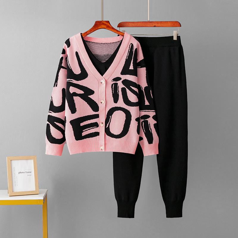 Jacquard Knitwear Three-Piece Set: Cardigan & Pants - Casual Loose Fit