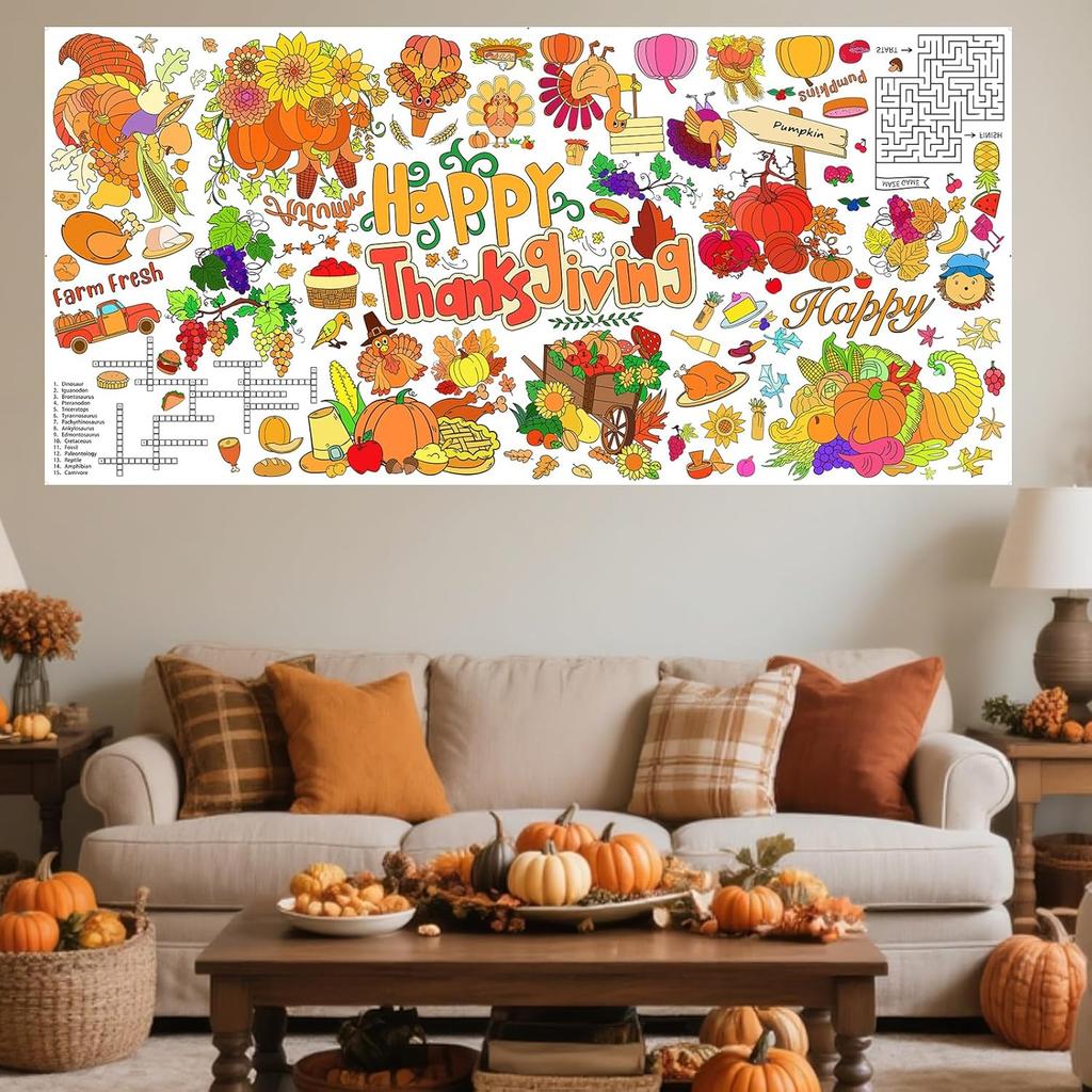 Thanksgiving Coloring Poster/Tablecloth,Giant Paper Thanksgiving Coloring Banner Games and Family Activities, for Thanks Giving Decorations,