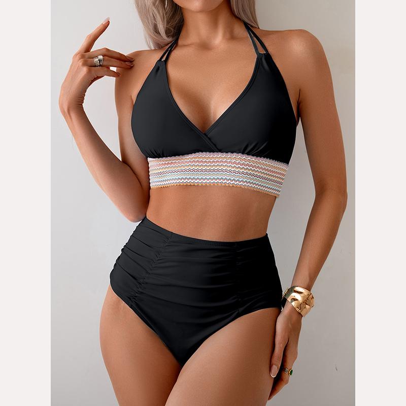 

Женские наборы бикини V-образный вырез колор-блок топ бикини с драпировкой купальник из двух частей пляжная одежда XXL чёрный