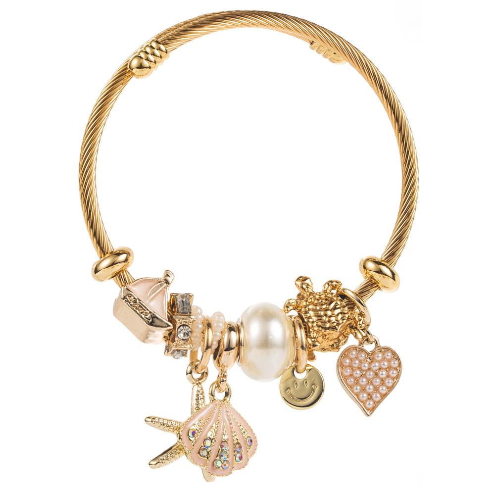 Inlaid Diamond Starfish Shell Pendant Adjustable Bracelet Beach Vacation Style Women's Jewelry