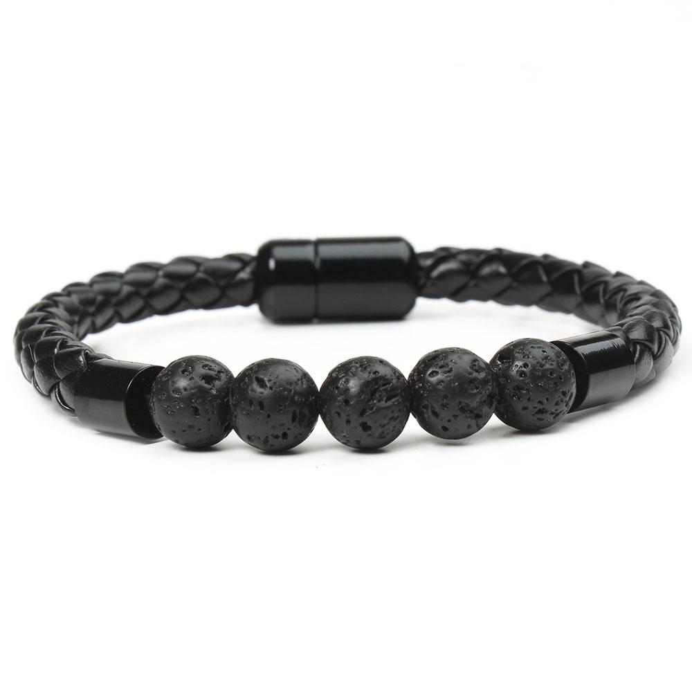 New Men's European American Style Stone Beaded Leather Bracelet with Magnetic Buckle