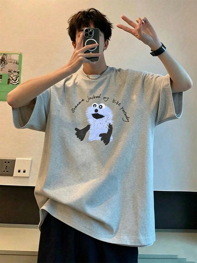Mens Shortsleeve Tshirt With Colored Letter Character Graphic Print Fabric Crew Neck Black Cute Street Casual Style