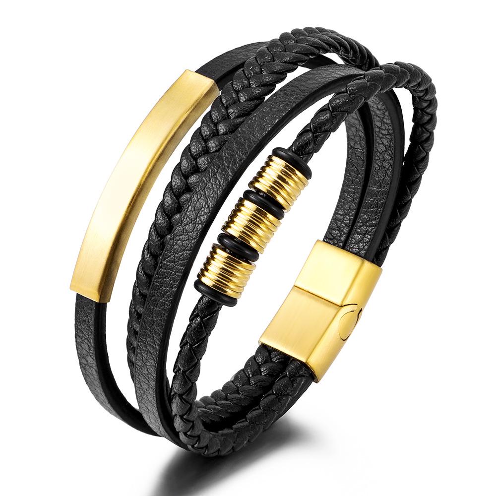 Men's Titanium Magnetic Buckle Leather Bracelet with Titanium Steel and Woven Stainless Steel Design