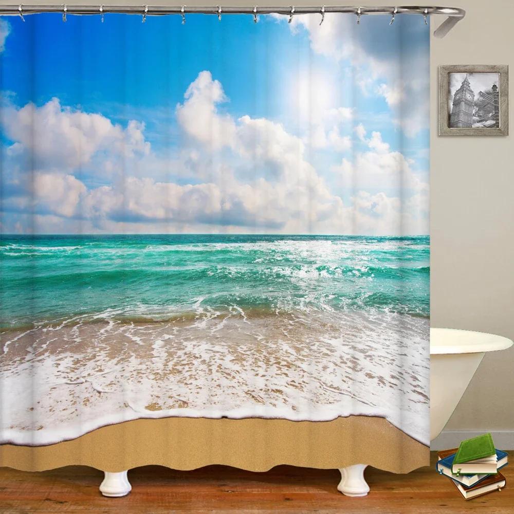 3d Strand Landschaft Duschvorhänge Meer Ozean Mittelmeer Badezimmer Vorhang Wasserdichte Stoff Dekoration 180*240 cm Bad Vorhang