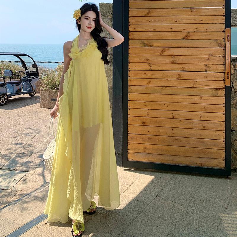 Design Sense Niche Dress Irregular Neck Birthday Party Dress Vacation Yellow French Stunning Skirt Women