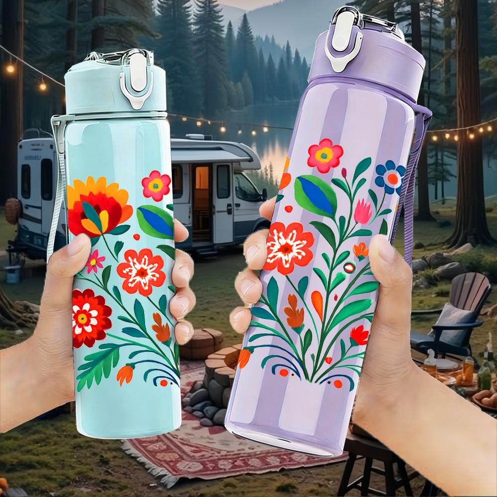 1PC Bright Folk Style Flower Bouquet Print 750ml Color Plastic Sports Water Bottle Leakproof Flip Straw Lid Suitable for Sports Office Home Use