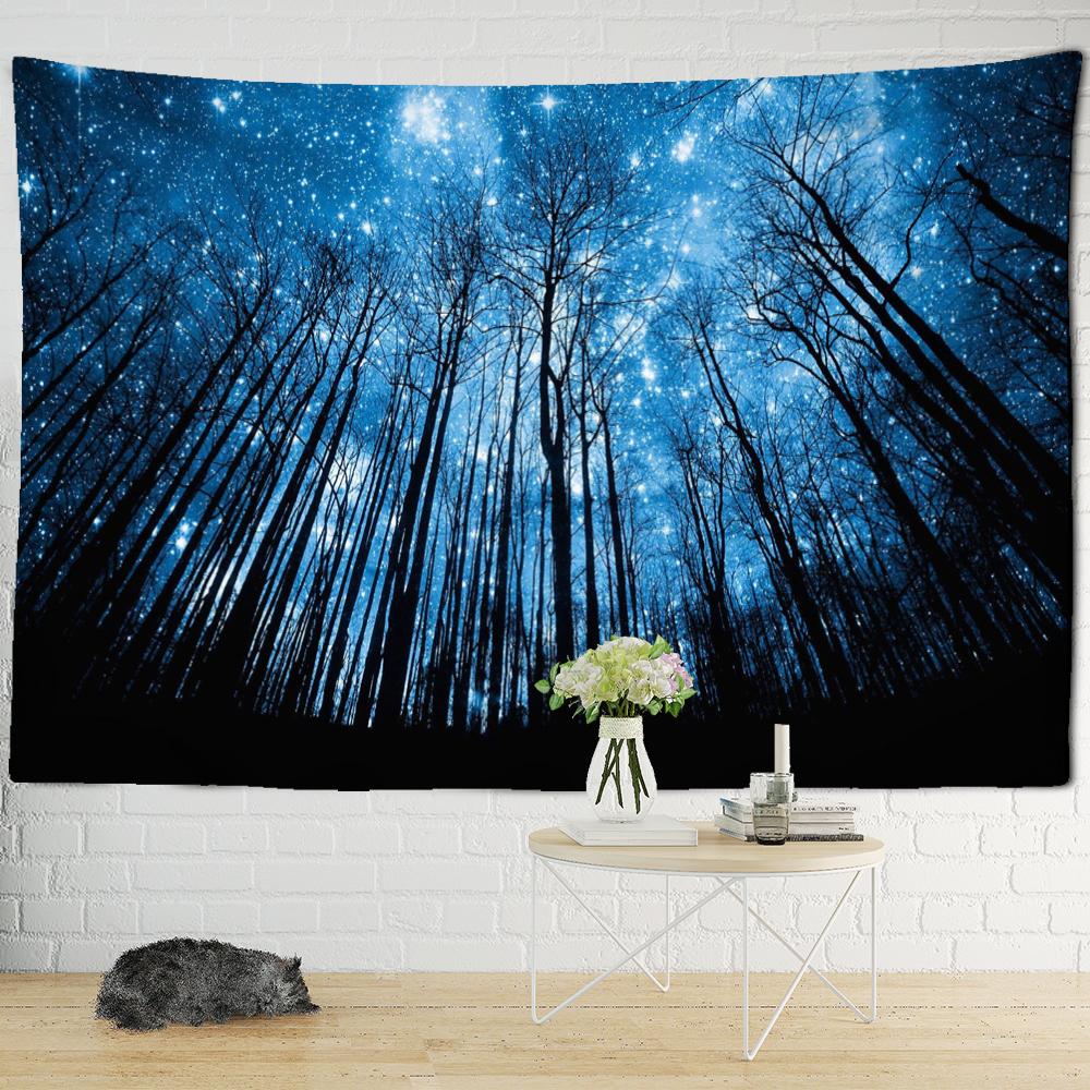 Dark Blue Starry Sky Forest Tapestry Wall Hanging Mysterious Hippie Night View Aesthetic Room Bohemian Room Decor
