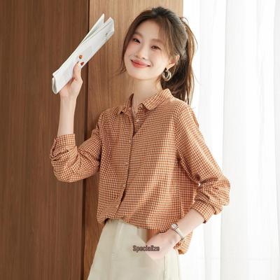 Vintage Women's Cotton Plaid Long Sleeve Shirt - Spring/Autumn Casual Layering Top