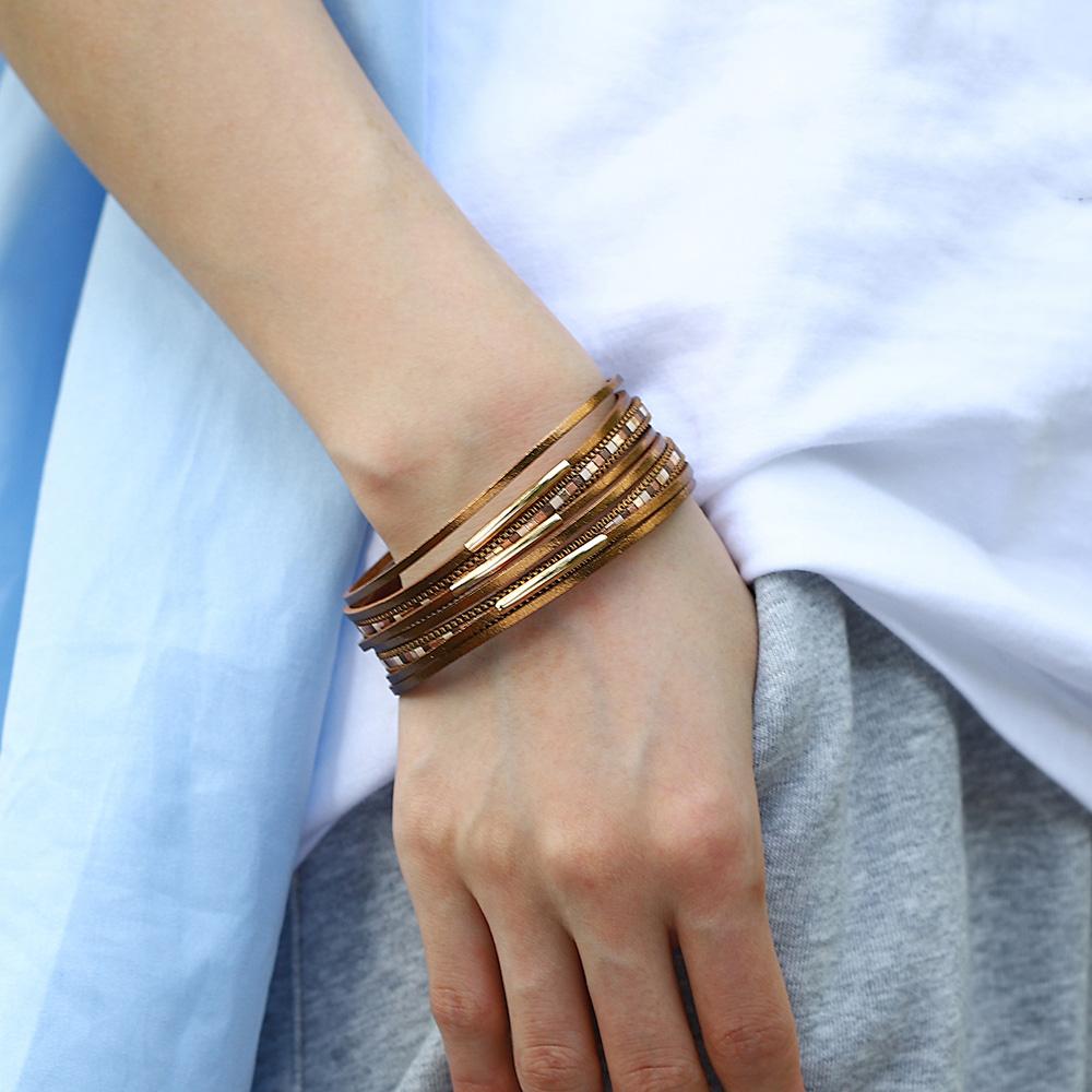 Square Leather Bracelet for Women Boho Tube Multilayer Wrap Wide Bangle Party Jewelry Accessory