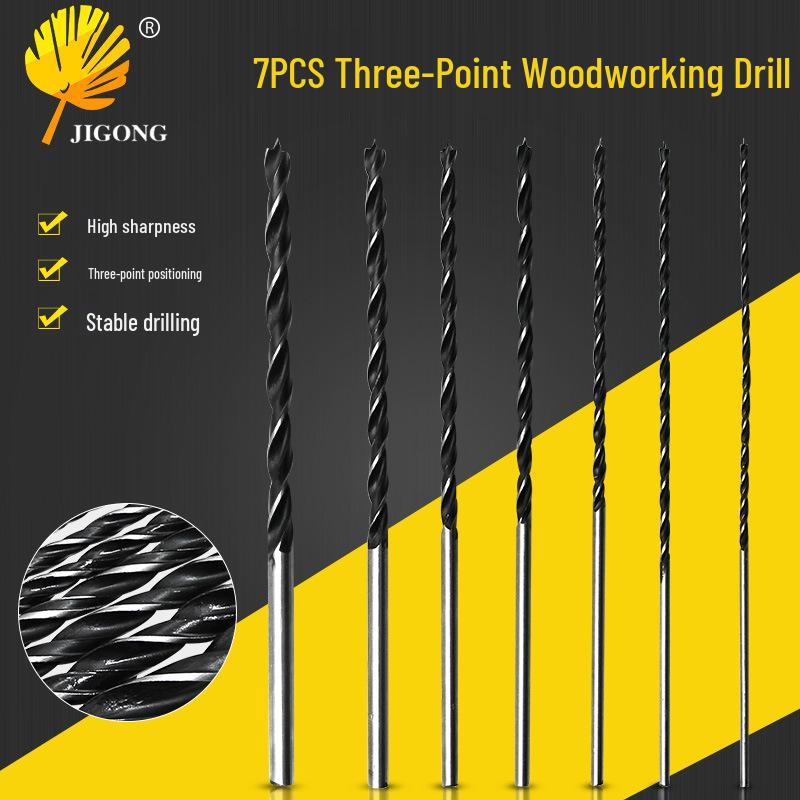Seven-Piece 300mm Extended Three-Point Wood Hole Opener Drill Set (4-12mm) with Center-Finding Hanging Bag