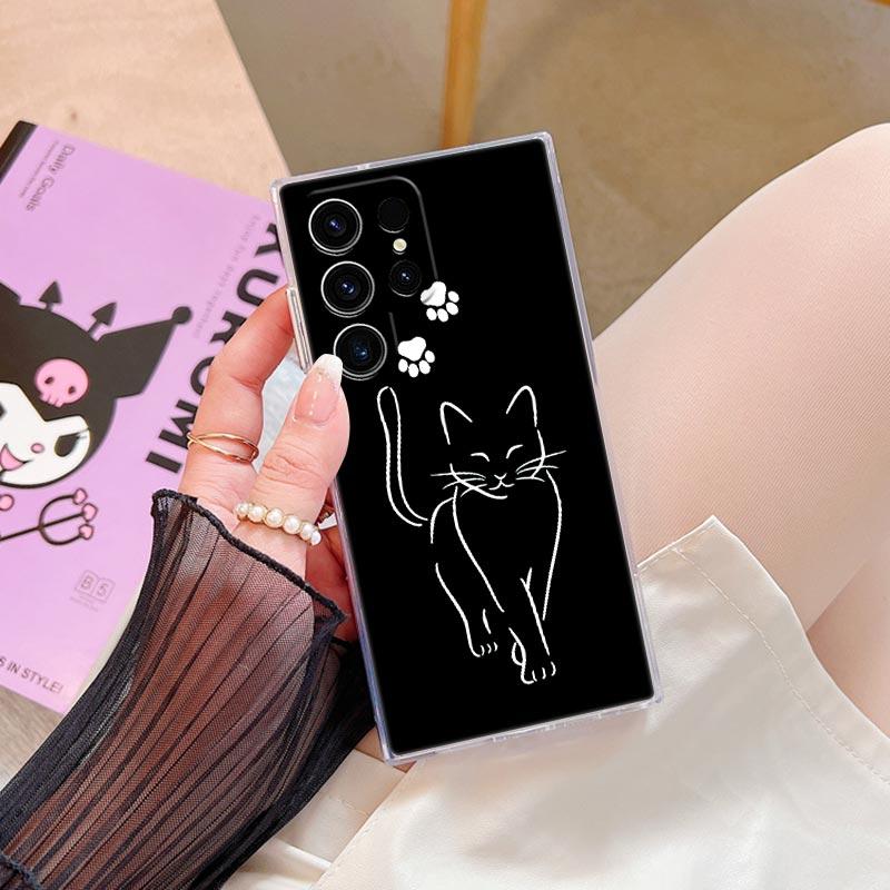 Funny Line Black Cat Phone Case For Samsung Galaxy S25 S23 S24 S22 Ultra Plus Shockproof Cover For Galaxy S24+ S23+ S25+ Shell