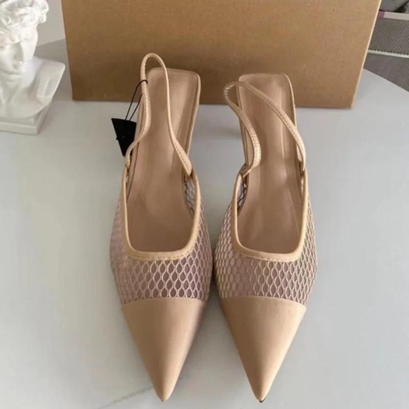 Sandale cu Toc Înalt pentru Femei de Vară cu Vârf Ascuțit Încălțăminte pentru Femei Mesh Respirabil Slingback Nud Elegant Pantofi de Petrecere pentru Doamne de Birou