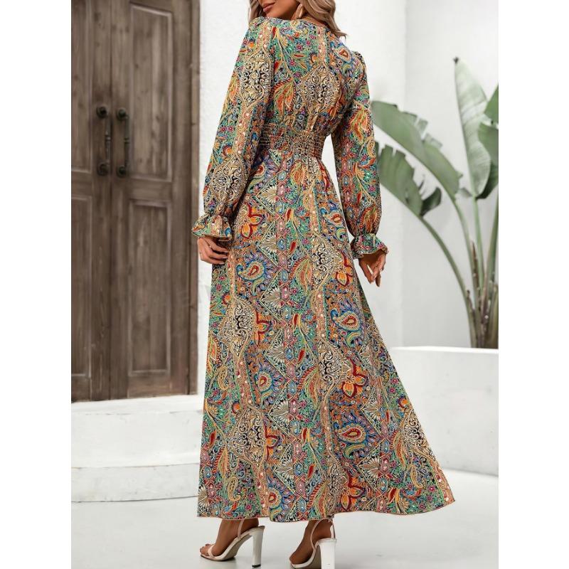 Herbst Damen Bedruckte Kleider mit V-Ausschnitt und langen Ärmeln