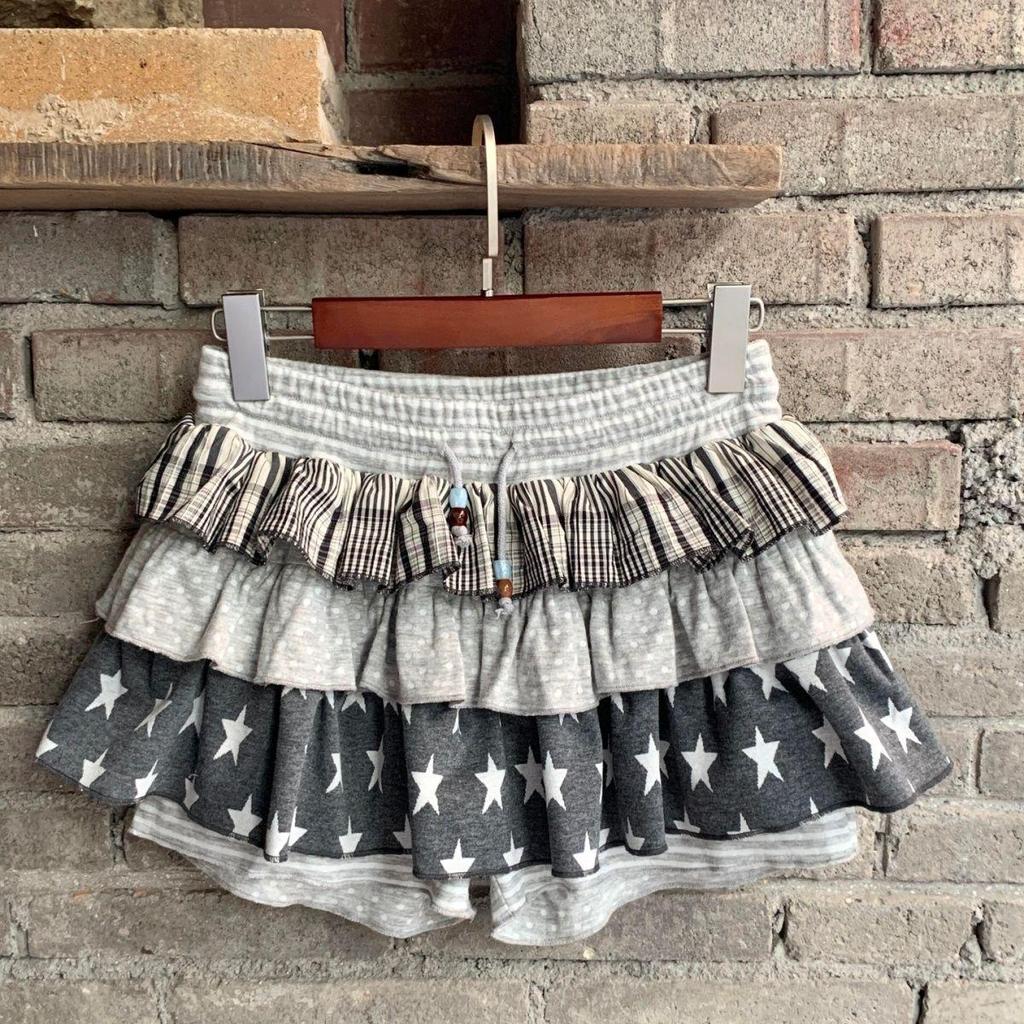 Yafeng Three-Layer Polka Dot Star Plaid Cake Skirt - Cute y2k Otaku Half Skirt for Women