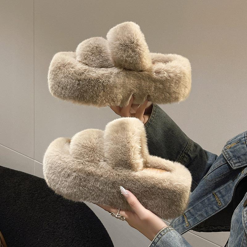 Large size trendy fashionable soft m outer wear fluffy slippers women's flat bottom one-word drag autumn new thickened