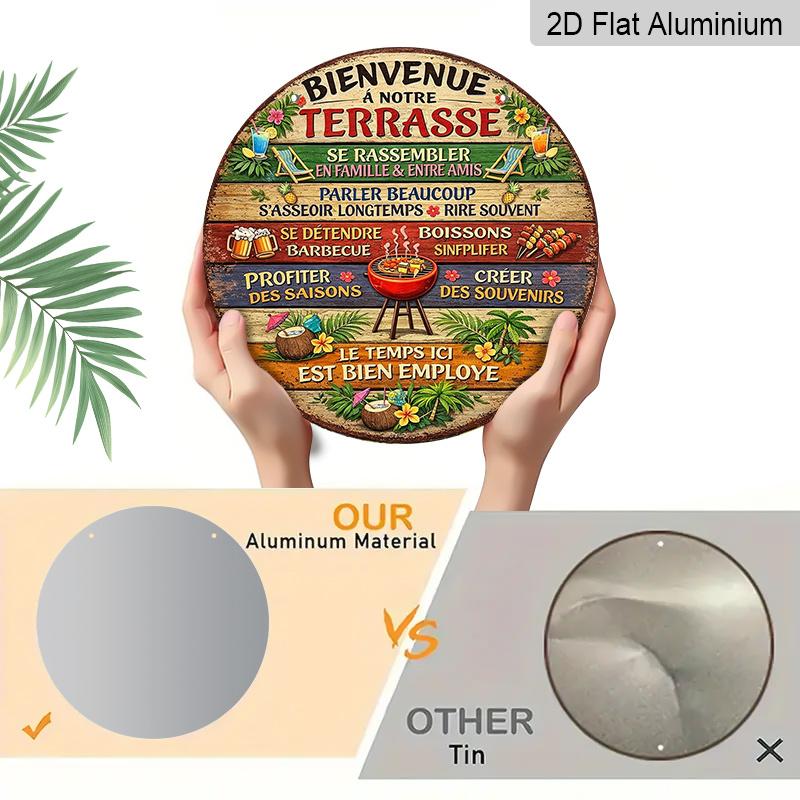2D Flat, 1pc Round Aluminum Hanging Sign - "Bienvenue a Notre Terrasse" French Patio Rules Metal Wall Art, Tropical BBQ & Cocktail Design, Perfect