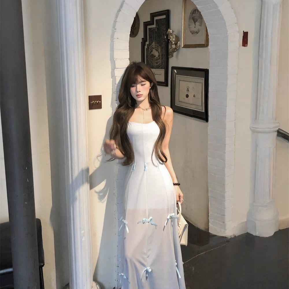 Summer French Bow Strap A-line Dress for Women - Blue Multi-wear Short Skirt